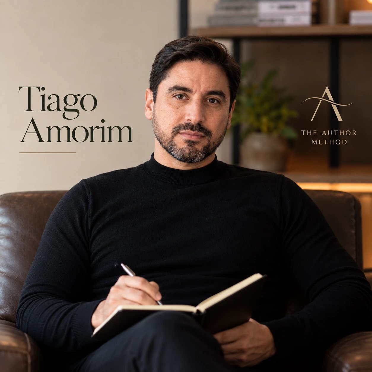 Tiago Amorim seated in a leather armchair, writing in a notebook